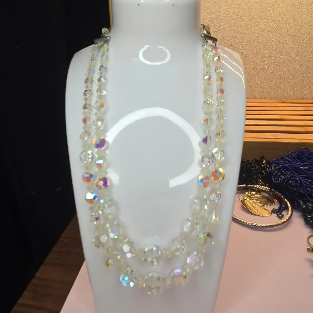Vintage 1950s Aurora Borealis Crystal Double Strand Necklace Graduated Bead
